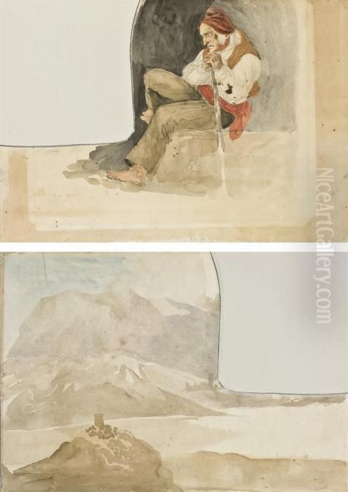 Un Vieil Homme Assis Appuye Sur Un Baton (recto); Paysagemontagneux (verso) Oil Painting by Eugene Delacroix
