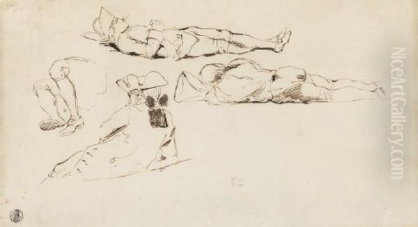 Trois Soldats Allonges Et 
Coiffes De Chapeaux A Tricornes Et Une Etude Subsidiaire De Jambes Oil Painting by Eugene Delacroix