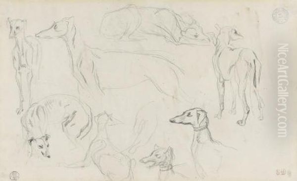Etude De Huit Levriers Dans 
Diverses Positions (recto); Croquis De Caricatures Et Essais De Lavis 
(verso) Oil Painting by Eugene Delacroix