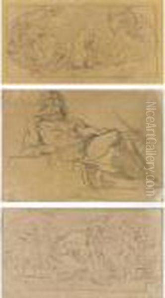 A Study For The Orpheus Group In The Peers' Library 
And
 Two Studies For Mercury And Mars From The Salon De La Paix: Three Drawings Oil Painting by Eugene Delacroix