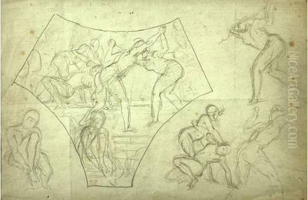 Etudes Avec Reprises Pour Les Jeunes Filles De Sparte S'exercant A La Lutte Oil Painting by Eugene Delacroix