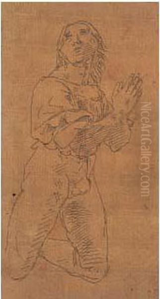 Etude D'un Homme Agenouille Les Mains Jointes, D'apres Raphael Oil Painting by Eugene Delacroix