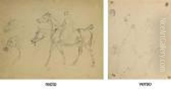 A Figure Riding A Horse In 
Profile To The Left, With Three Subsidiary Studies Of The Horse's Heads 
(recto); Figures Duelling And Other Studies (verso) Oil Painting by Eugene Delacroix