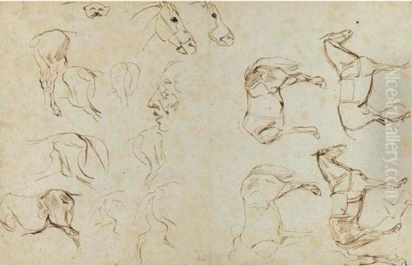 Etude De Chevaux (recto); Etudes
 De Chevaux, Personnages En Costume Louis Xiii, Marin, Barque Avec 
Batelier (verso) Oil Painting by Eugene Delacroix