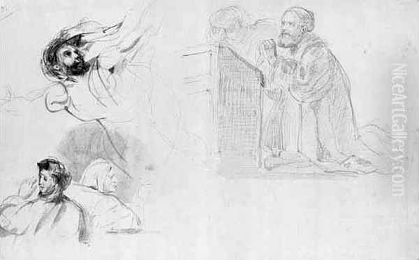 Feuille D'etudes Avec Croquis De Dante Et Virgile, Marguerite A
 L'eglise Et Une Autre Etude De Personnage Oil Painting by Eugene Delacroix