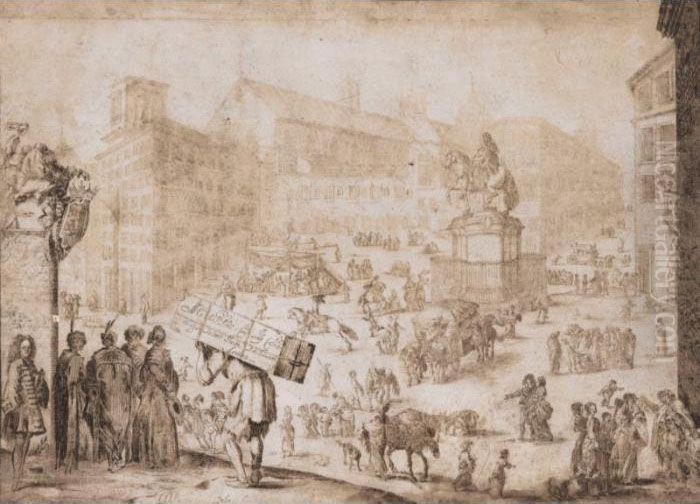 [circle Of Stefano Della Bella ;
 Figures Walking In A City Square ; Pen And Brown Ink And Wash ; 
Extensively Inscribed In Brown Ink] Oil Painting by Stefano della Bella