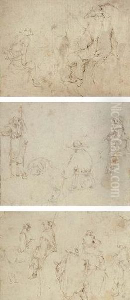 A Soldier With A Pike, A Seated 
Figure And A Horseman; Three Horsemen And A Peasant Driving A Cow, 
Another To The Right; And Two Lancers Seen From Behind Oil Painting by Stefano della Bella