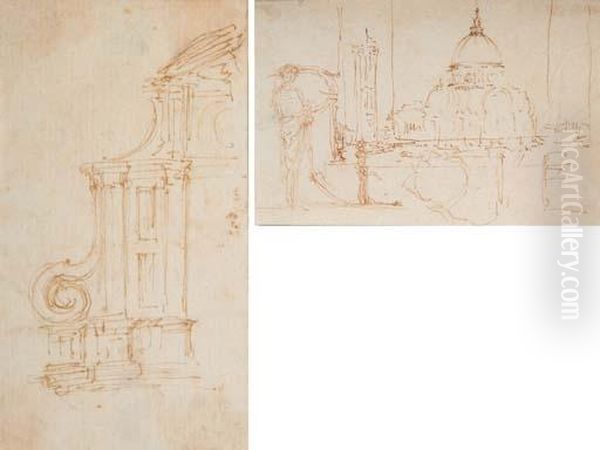 Une Facade D'eglise; Et Vue Du 
Dome De Santa Maria Del Fiore I Florence I Travers Une Fenetre, Un 
Personnage Sur La Gauche Oil Painting by Stefano della Bella