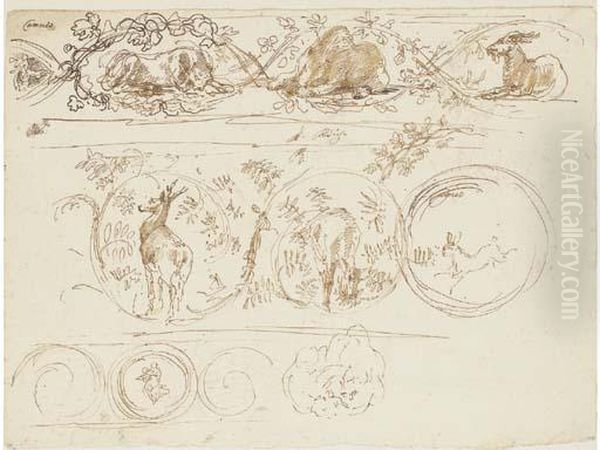 Friezes Of Garlands Enclosing A 
Lioness, A Bear And A Goat; A Stag,a Doe And A Hare (recto); A Man On A 
Horse And A View Of Thecampidoglio, Rome, With A Study Of The River God 
Nile (verso) Oil Painting by Stefano della Bella