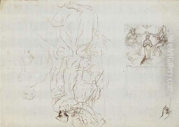 A Study For A Frontispiece: The 
Trinity Crowning The Virgin, Andstudies Of A Man With A Horse, A Jumping
 Horse, A Hand And Abuilding On A Crag Oil Painting by Stefano della Bella