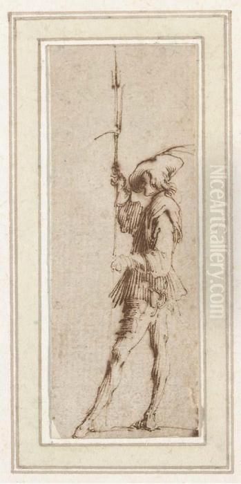 A Halberdier Turned To The Left;
 A Halberdier Looking Up To Theright; And Two Seated Men Seen From 
Behind Oil Painting by Stefano della Bella