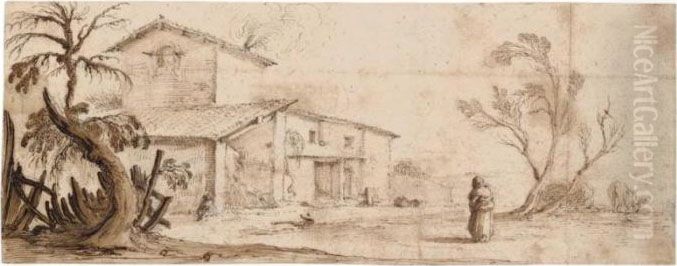 A Peasant Woman Approaching A Farmhouse Oil Painting by Stefano della Bella