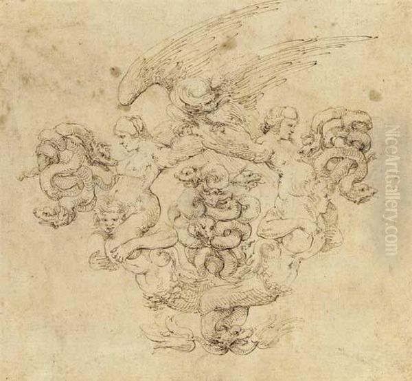 A Cartouche In The Form Of Two 
Mermen With Intertwined Tailssupporting Harpies Whose Wings Support An 
Eagle Oil Painting by Stefano della Bella