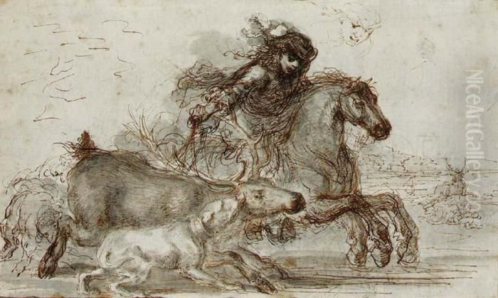 A Huntsman And Two Hounds 
Overtaking A Stag With A Subsidiary Study Of A The Huntsman's Head Oil Painting by Stefano della Bella