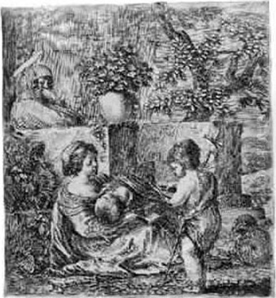 Originale.la Sainte Vierge, 
L'enfant Jesus, Saint Jean Baptiste Et Sainte Elisabeth. . V., M. 10. 
Belle Epreuve Avant Les Retouches, Rognee Au Sujet, Ce Dernier Entame 
Par Places. Accidents Dans Les Angles Et Arrachements En Surface 
Au-dessus De S Oil Painting by Stefano della Bella