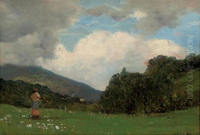 A Shepherdess In A Meadow Oil Painting by Lorenzo Delleani