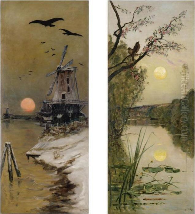 Windmill At Sunset; Early Bird And Blossom; Daffodils; Autumnalriver Bank Oil Painting by Hippolyte Camille Delpy
