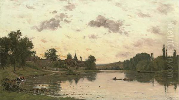 Soleil Couchant A St. Pierre De La Garonne Oil Painting by Hippolyte Camille Delpy