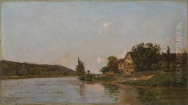 An Early Morning River Scene With A Village Oil Painting by Hippolyte Camille Delpy
