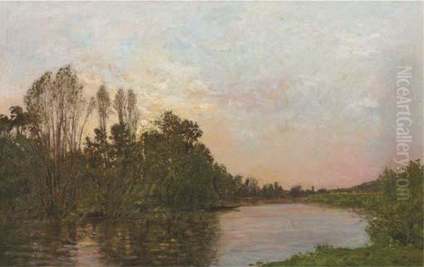 Soleil Couchant Pres Mantes: Along A River At Dusk Oil Painting by Hippolyte Camille Delpy