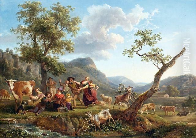 Hirtentanz Vor Weitem Landschaftshintergrund Oil Painting by Jean Louis (Marnette) De Marne