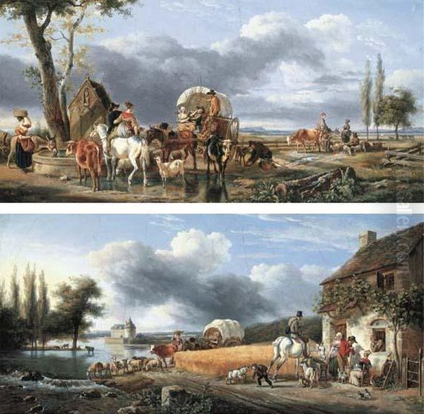 Travelling Peasants With Their 
Cattle And Sheep In A Landscape; Andfigures With Animals Outside An Inn 
Beside A Wheat Field Oil Painting by Jean Louis (Marnette) De Marne