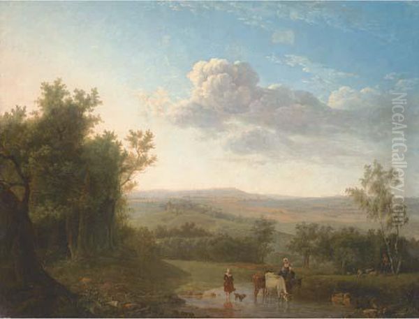 An Extensive Landscape With 
Cattle And Two Women Crossing A Ford, A Shepherd And Flock By A Tree Oil Painting by Jean Louis (Marnette) De Marne