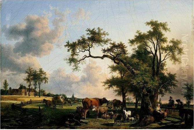 A Landscape With A Shepherdess 
Playing With A Child At The Edge Of A Paddock, A Chateau Beyond Oil Painting by Jean Louis (Marnette) De Marne