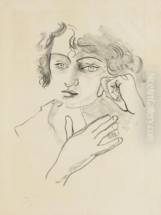 Tete De Femme Aux Yeux Clairs De Face Avec Les Deux Mains. Oil Painting by Andre Derain