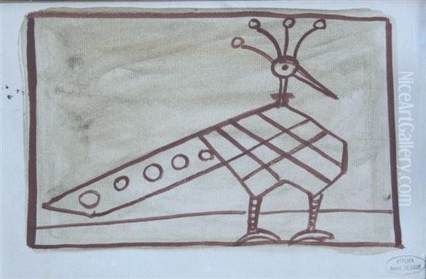 L'oiseau Atelier Stamp, Victor Waddington Label Verso Oil Painting by Andre Derain