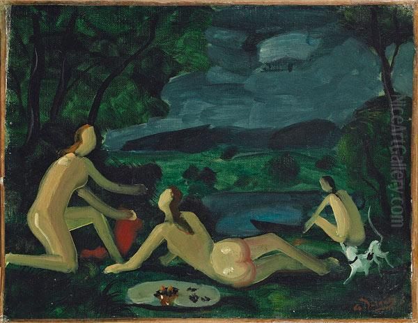 Trois Nus Et Chien Dans Un Paysage Oil Painting by Andre Derain