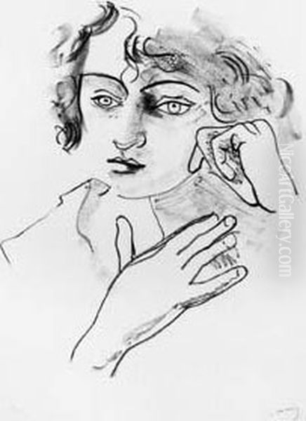 Femme De Trois-quarts A Droite ;
 Visage De Femme Vers La Gauche, Appuyee Sur La Main ; Tete De Femme Aux
 Yeux Clairs De Face Avec Les Deux Mains. Planches Pour Metamorphoses. 
1927. Oil Painting by Andre Derain