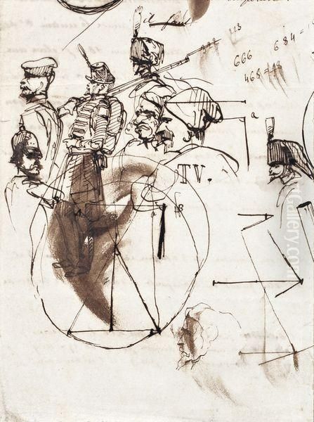 Etude De Tetes Militaires Oil Painting by Jean Baptiste Edouard Detaille