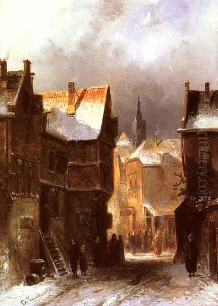A Dutch Town in Winter Oil Painting by Charles Henri Leickert