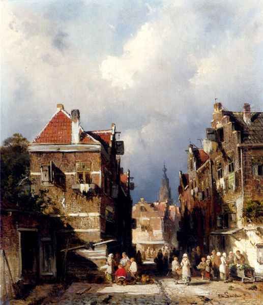 A Dutch Street Scene Oil Painting by Charles Henri Leickert