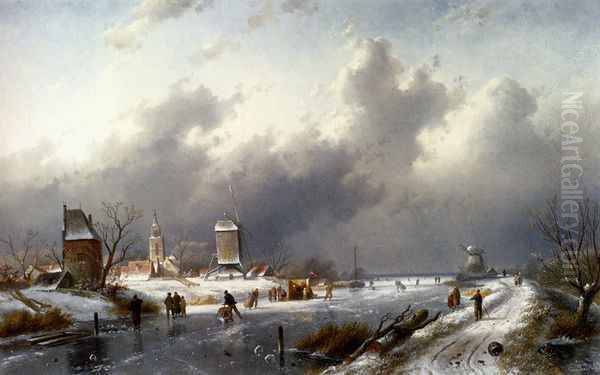 A Frozen Winter Landscape With Skaters Oil Painting by Charles Henri Leickert