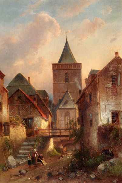 View In A German Village With Washerwomen Oil Painting by Charles Henri Leickert