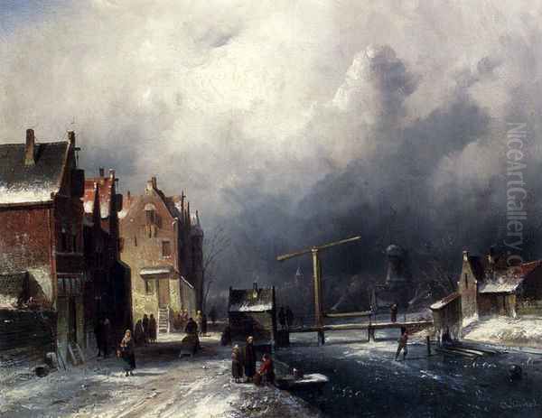 Figures In A Dutch Town By A Frozen Canal Oil Painting by Charles Henri Leickert