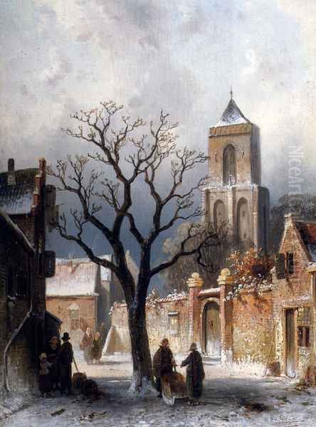 A Village Snow Scene Oil Painting by Charles Henri Leickert