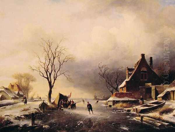 Winter Scene with Skaters Oil Painting by Charles Henri Leickert