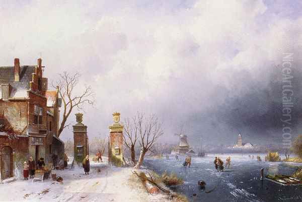 A Sunlit Winter Landscape Oil Painting by Charles Henri Leickert