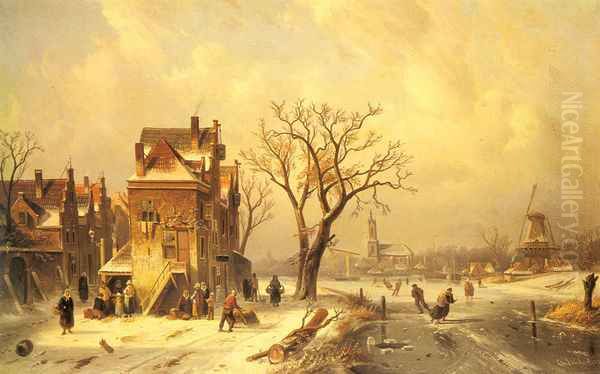 Skaters in a Frozen Winter Landscape Oil Painting by Charles Henri Leickert