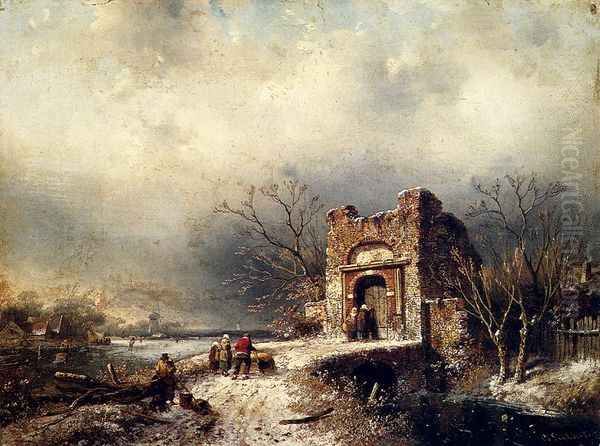 Villagers On A Frozen Path Oil Painting by Charles Henri Leickert