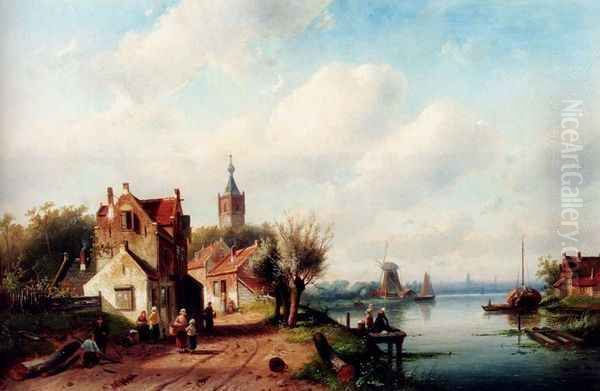 A Village Along A River, A Town In The Distance Oil Painting by Charles Henri Leickert