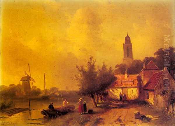 A River Landsacpe with Figures Oil Painting by Charles Henri Leickert