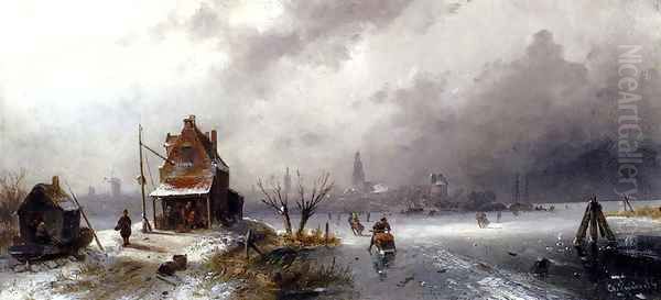 Figures On A Frozen Lake Oil Painting by Charles Henri Leickert