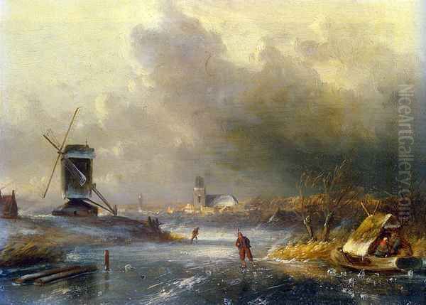 Winter Landscape with Skaters on a Frozen River Oil Painting by Charles Henri Leickert
