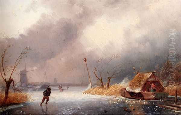 A Winter Landscape With Skaters On A Frozen Waterway Oil Painting by Charles Henri Leickert