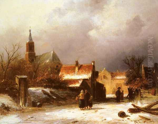Figures on a Snow Covered Path with a Dutch Town beyond Oil Painting by Charles Henri Leickert