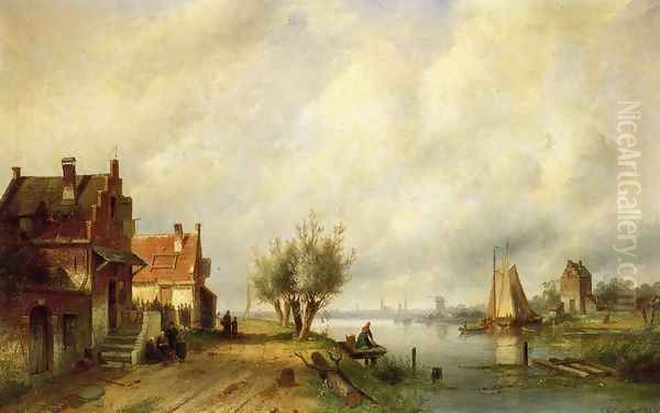 A River Landscape in Summer with Peasants Conversing by Old Houses along a Road, Moored Shipping Oil Painting by Charles Henri Leickert